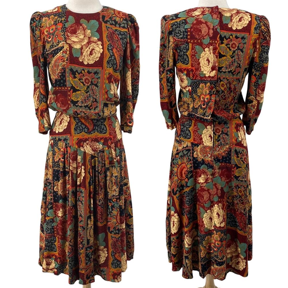 Vintage 80s Floral Paisley Patchwork Print Midi Dress Cinched Waist Blouson 8